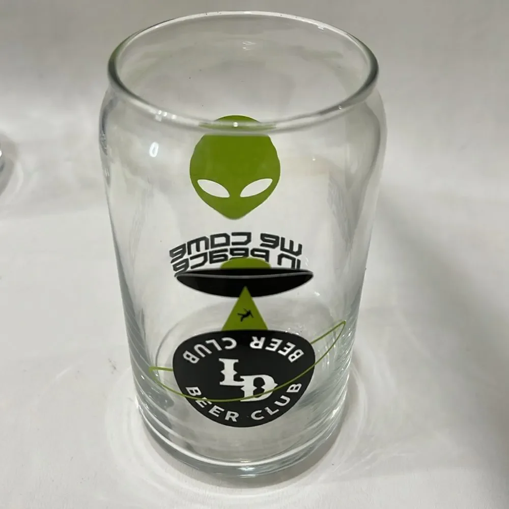 Beer Glasses 16 Ounce Blue Green Or White Lettering 5 1/4 In Tall 2 1/2 In Round